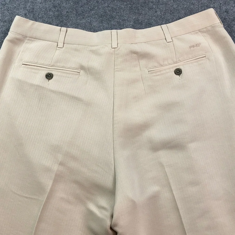 Ping Mens Pleated Pants 40x32 Khaki Beige Herringbone Classic Rayon Polyester